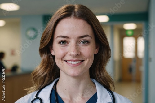 Close portrait of a smiling young Irish woman doctor looking at the camera, Irish hospital blurred background