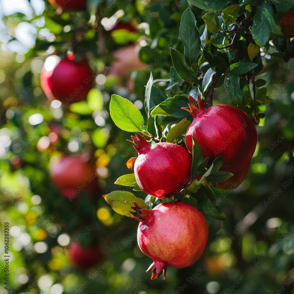 Discover a serene pomegranate garden, where vibrant fruits hang amid lush greenery, creating a peaceful oasis of beauty. Discover a serene pomegranate garden, where vibrant fruits hang amid lush greenery, creating a peaceful oasis of beauty.