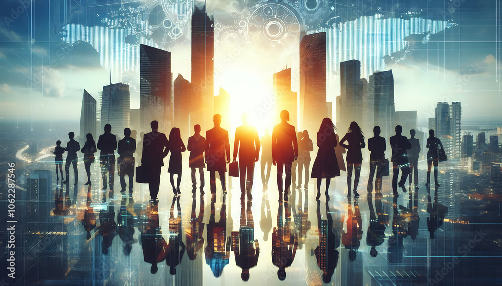 A silhouette of a team of diverse individuals who work together in a bustling city. The key themes are 