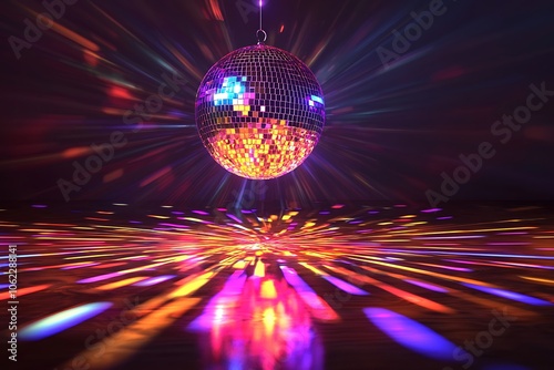 Dazzling disco ball suspended in a dark nightclub, refracting colorful light beams across the dance floor.