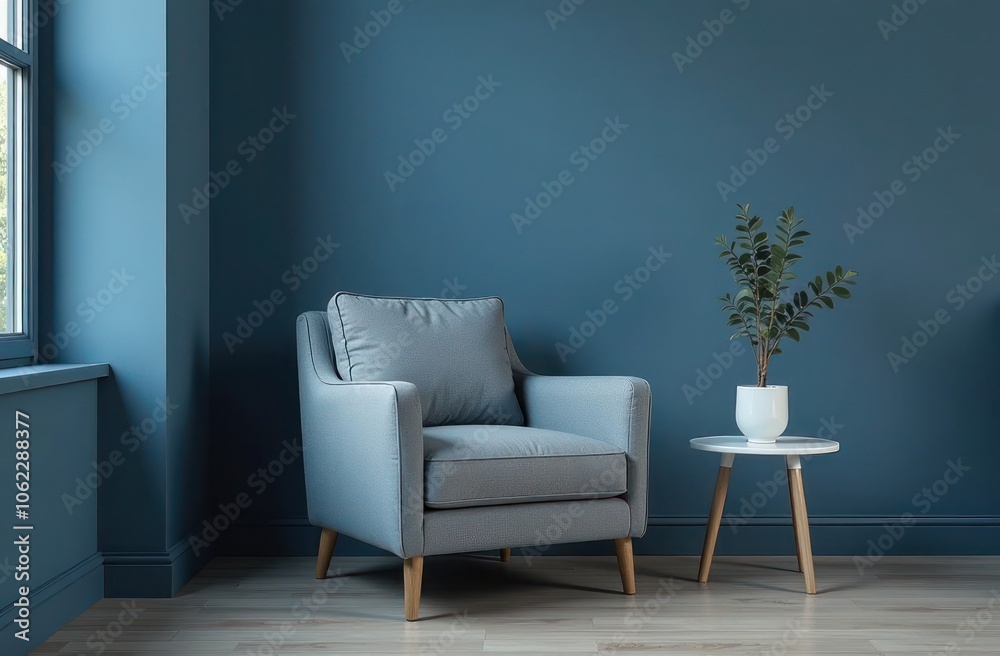 Stylish Modern Blue Armchair and Side Table in Minimalist Room Stylish Modern Blue Armchair and Side Table in Minimalist Room