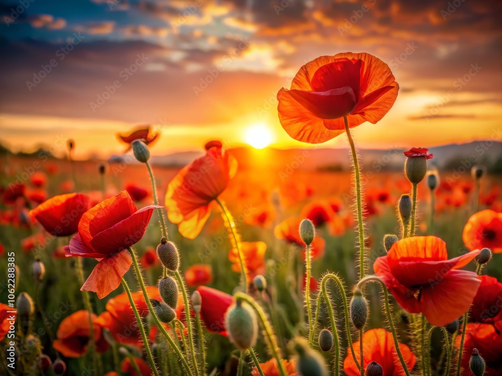 Fototapeta premium Beautiful Poppy Field at Sunset with Soft Light