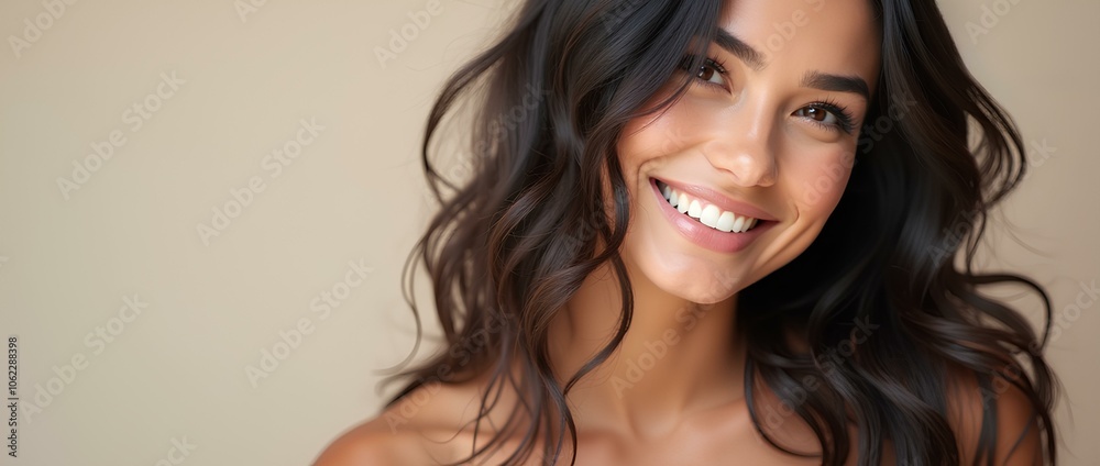 Model, young woman with perfect skin and white smile and long hair on light background with space for text. Demonstrates healthy skin and beautiful hair . For advertising skin and hair care cosmetic
Model, young woman with perfect skin and white smile and long hair on light background with space for text. Demonstrates healthy skin and beautiful hair . For advertising skin and hair care cosmetic
