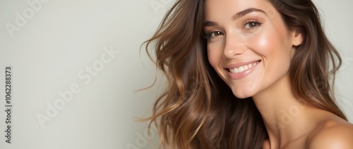  Model, young woman with perfect skin and white smile and long hair on light background with space for text. Demonstrates healthy skin and beautiful hair . For advertising skin and hair care cosmetic