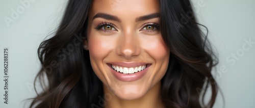 
 Model, young woman with perfect skin and white smile and long hair on light background with space for text. Demonstrates healthy skin and beautiful hair . For advertising skin and hair care cosmetic