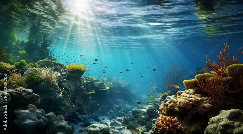 Fototapeta premium coral blue water background, oceanic view of coral blue water, underwater life