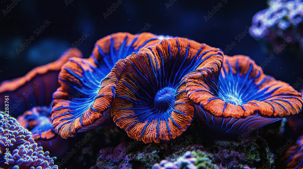 Macro photograph of purple and green zoanthids in natural marine setting. Macro photograph of purple and green zoanthids in natural marine setting.