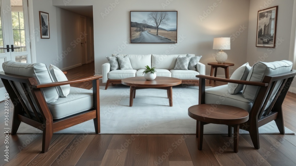 Modern Living Room Interior Design with Mid-Century Furniture and Blue Cushions for Architectural Photography Modern Living Room Interior Design with Mid-Century Furniture and Blue Cushions for Architectural Photography