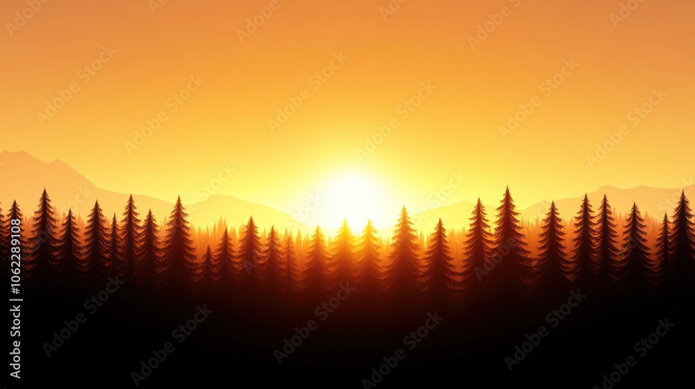 Forest of tall pine trees silhouetted against a vibrant orange sunset with mountains in the background Forest of tall pine trees silhouetted against a vibrant orange sunset with mountains in the background