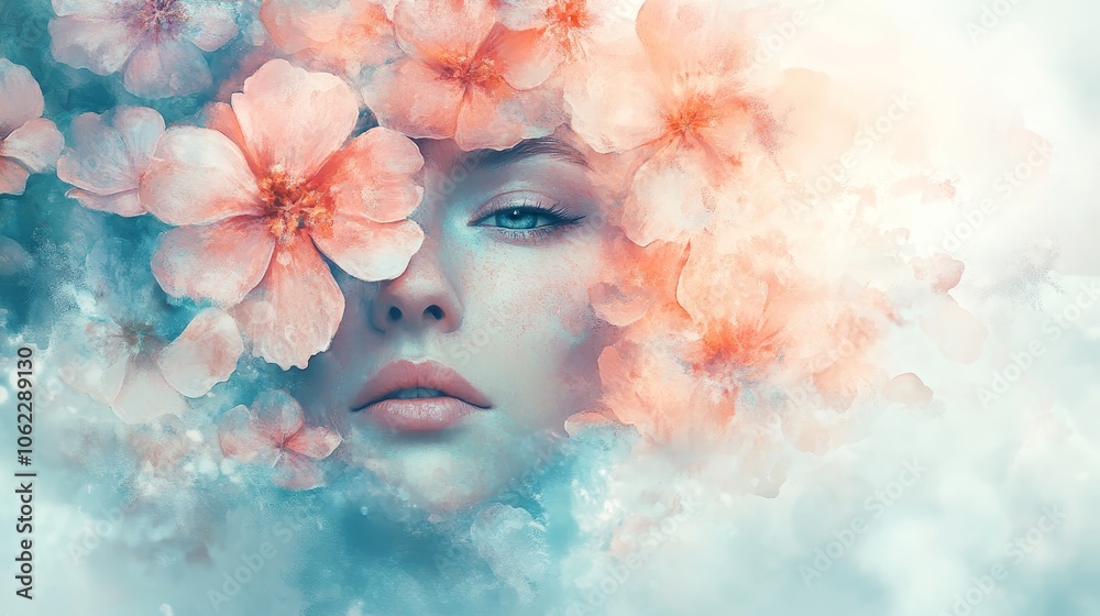Watercolor painting of a woman's face surrounded by delicate flowers, symbolizing beauty, nature, femininity, spring, and ethereal grace. Watercolor painting of a woman's face surrounded by delicate flowers, symbolizing beauty, nature, femininity, spring, and ethereal grace.