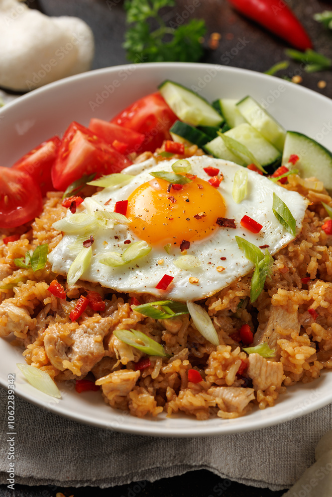 Nasi goreng, fried rice with chicken and egg in Indonesia style. Asian food Nasi goreng, fried rice with chicken and egg in Indonesia style. Asian food