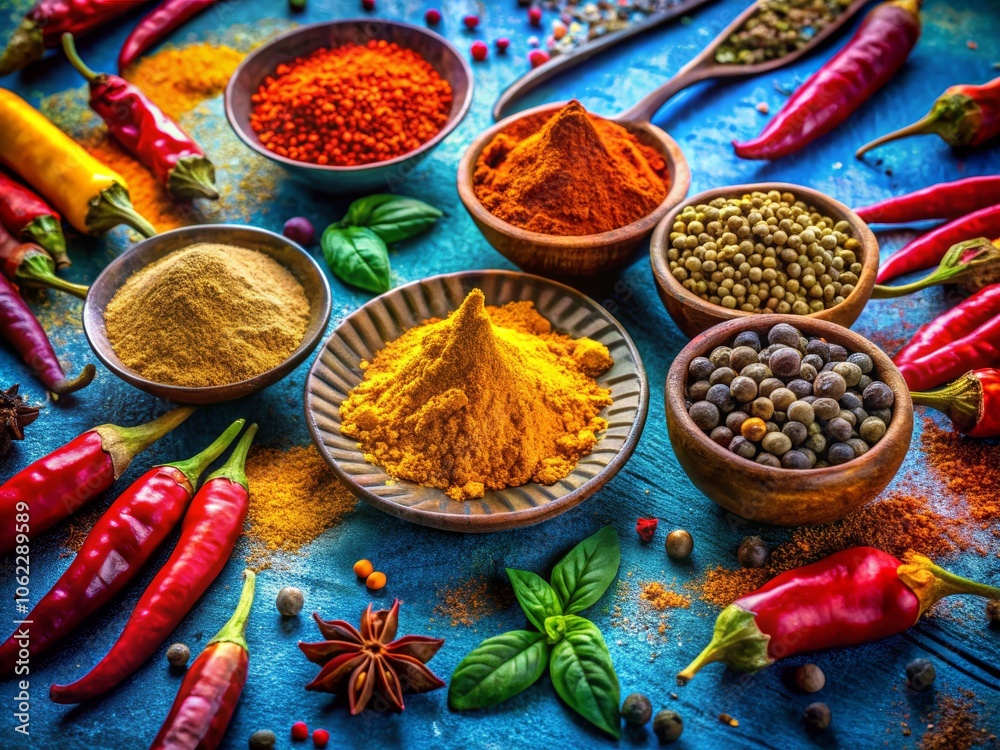 Fototapeta premium Colorful Spices Displayed on Blue Background