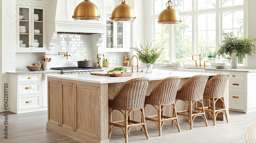 Kitchen with island and chairs with wood backrest and wicker supports. The island is white oak and the upper cabinets are ivory.