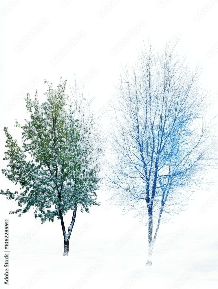 Fototapeta premium Winter Landscape with Green and Blue Trees in Snow, showcasing the contrast between the seasons. One tree remains green, symbolizing life and resilience, while the other is covered in blue snow, repre