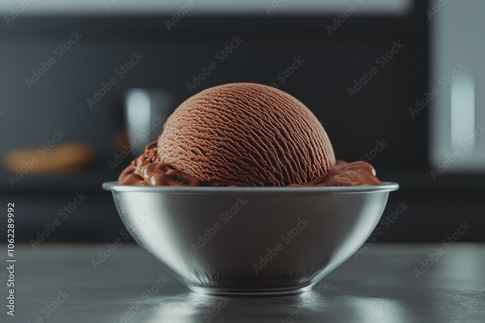 Delicious Chocolate Ice Cream Scoop in Metal Bowl Delicious Chocolate Ice Cream Scoop in Metal Bowl