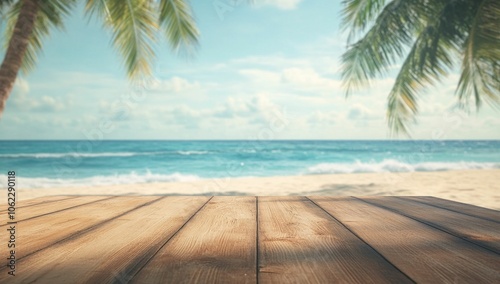 beach, ocean, palm trees, wooden deck, tropical paradise, summer vibes, relaxation, sunny day, nature backdrop, vacation setting, coastal scenery, serene view, blue skies, tranquil water, idyllic esc