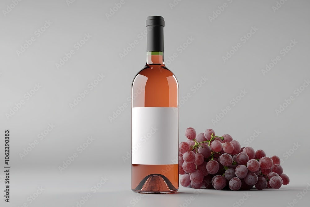 Obraz premium Bottle of rosé wine with a blank label, accompanied by bunches of pink grapes, set against a minimalist gray background for a refined and sophisticated look