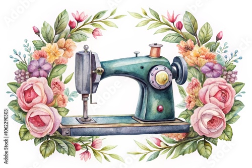 Vintage Sewing Machine with Floral Watercolor Wreath