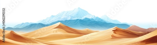 A serene landscape featuring rolling sand dunes and a distant mountain range, blending earthy tones with soft gradients.