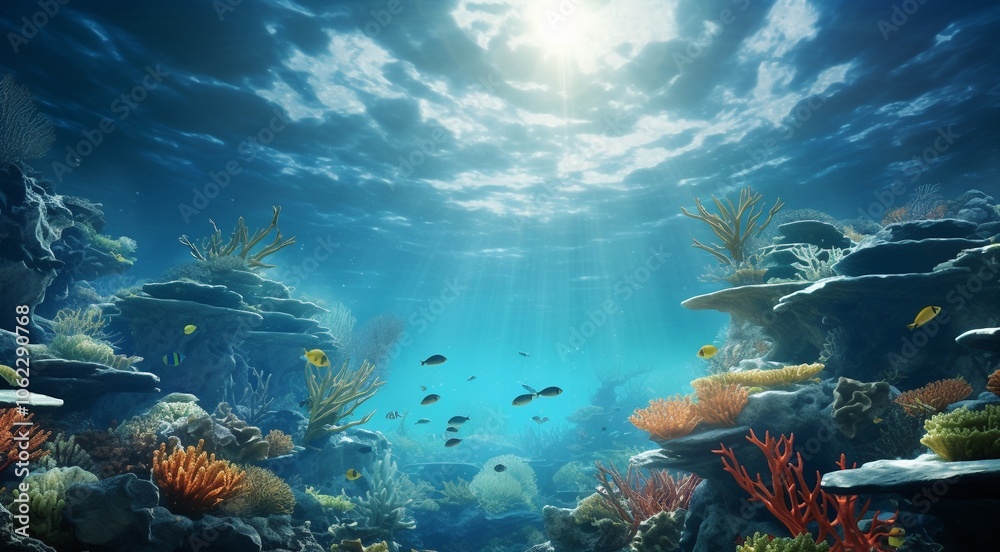 Fototapeta premium coral blue water background, oceanic view of coral blue water, underwater life