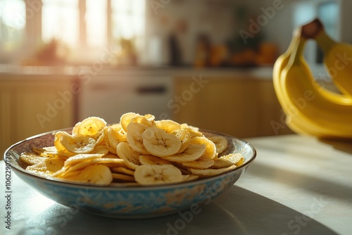 Bowl of banana chips on a sunlit kitchen counter, with fresh bananas in the background, creating a warm and inviting snack scene photo