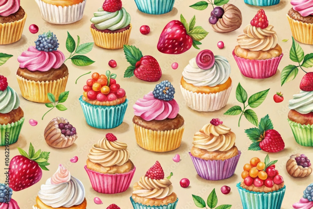 Colorful Cupcake and Berry Pattern on Beige Background Colorful Cupcake and Berry Pattern on Beige Background