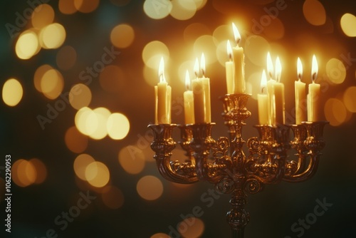 Beautifully Lit Menorah with Candles and Warm Glow