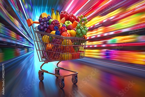 Dynamic 3D illustration of a shopping cart bursting with colorful products, vibrant hues and motion blur.