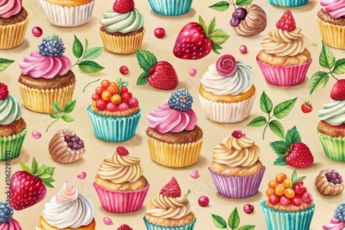 Colorful Cupcake and Berry Pattern on Beige Background