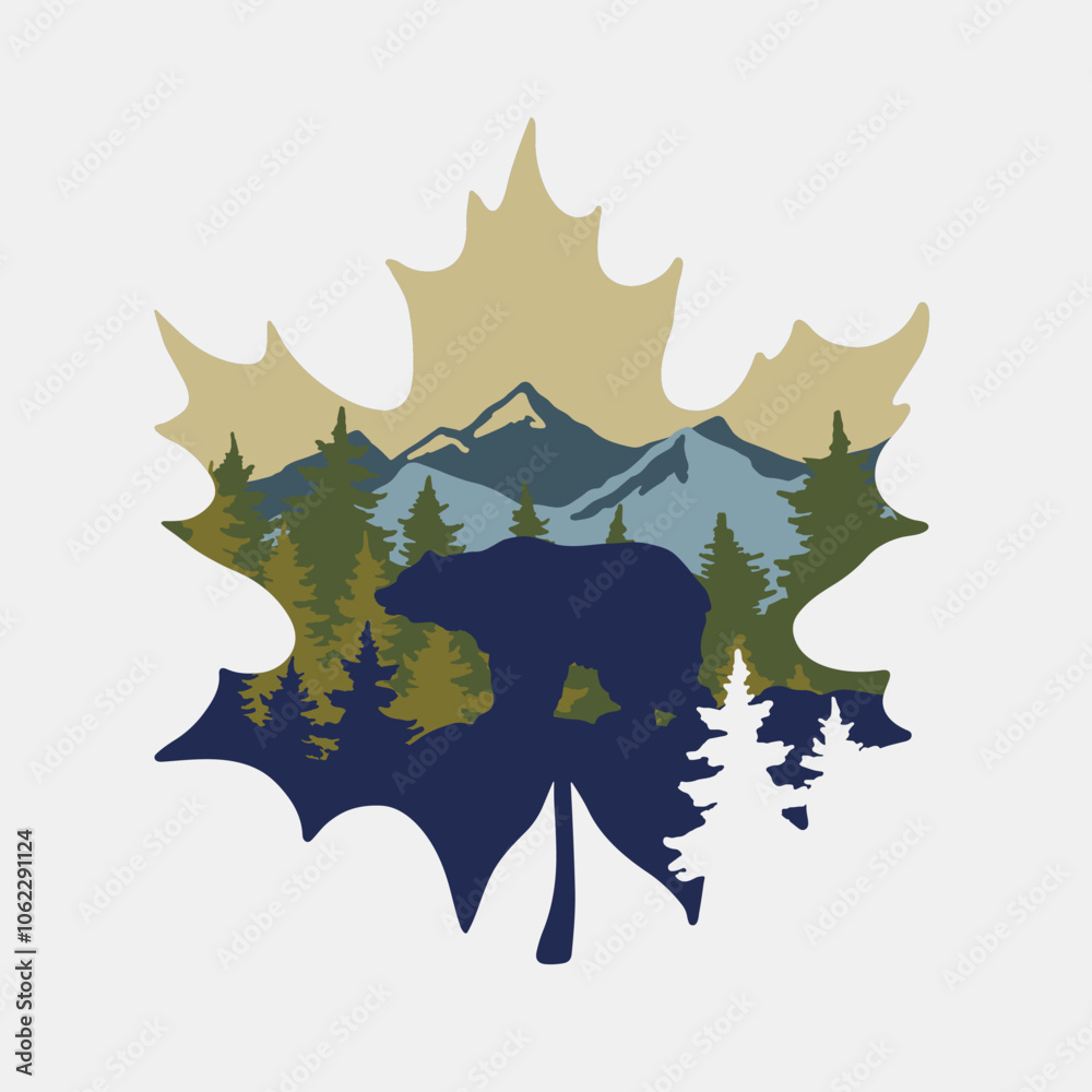 Canada symbol 3D layered paper cut style. Maple leaf vector illustration. Landscape with pine forest and mountains, bear silhouette Shadow box eps. Vector layout light box template. Canada day concept