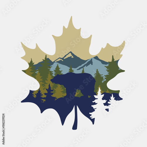 Canada symbol 3D layered paper cut style. Maple leaf vector illustration. Landscape with pine forest and mountains, bear silhouette Shadow box eps. Vector layout light box template. Canada day concept