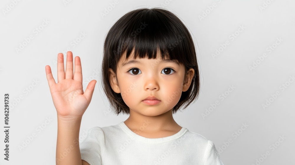 Asian child with raised palm stop gesture, white background, neutral palette Asian child with raised palm stop gesture, white background, neutral palette