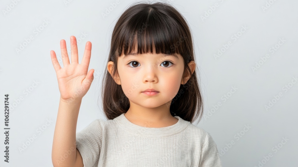 Asian child with raised palm stop gesture, white background, neutral palette Asian child with raised palm stop gesture, white background, neutral palette