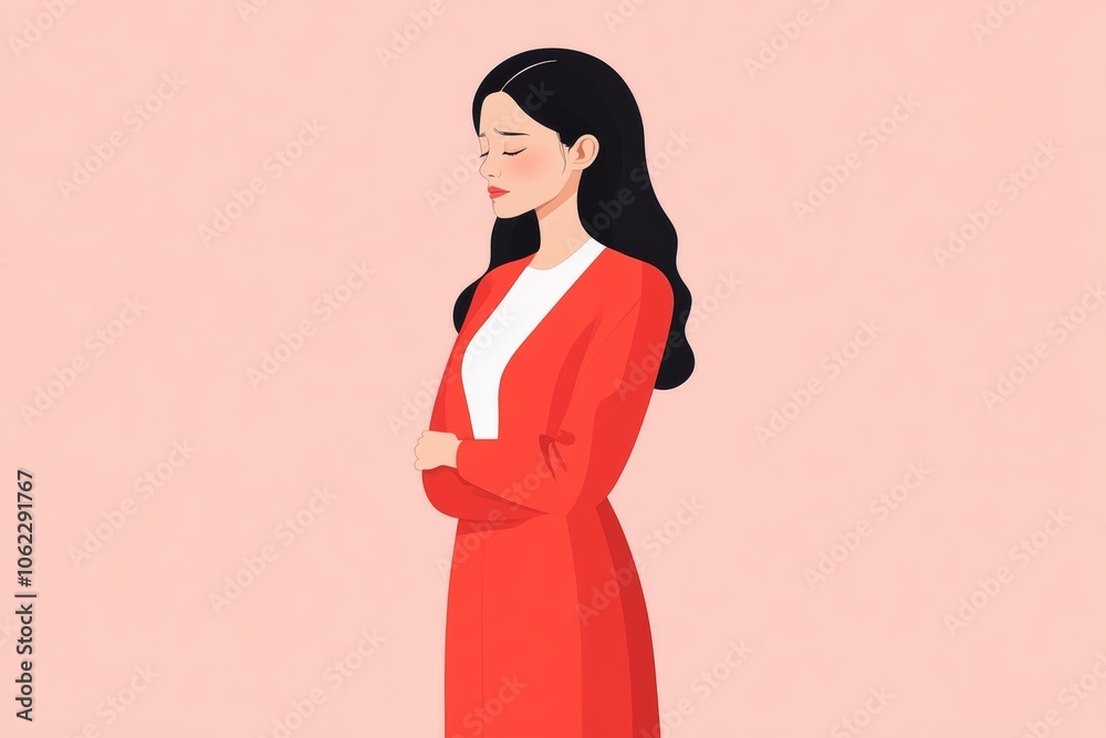 Asian woman with stomachache, isolated Use neutral color palette Asian woman with stomachache, isolated Use neutral color palette