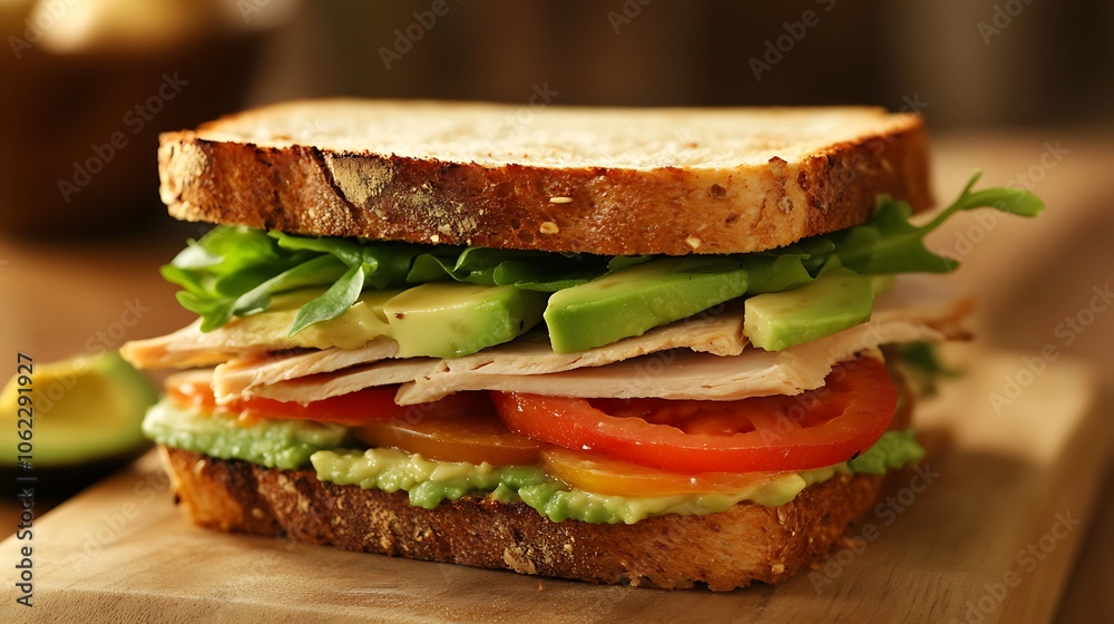 A classic grilled turkey and avocado sandwich on whole wheat bread A classic grilled turkey and avocado sandwich on whole wheat bread