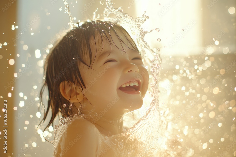 Joyful Child Playing with Water Indoors Joyful Child Playing with Water Indoors