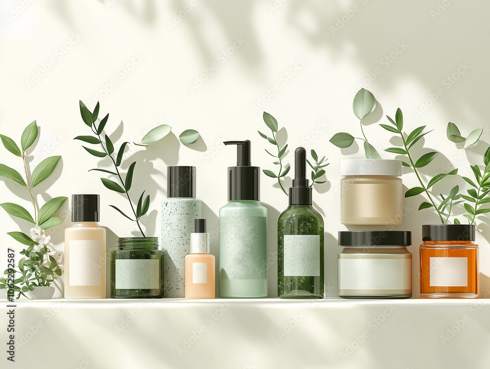 Set of jars and bottles of decorative cosmetics standing on a shelf and decorated with green leaves. Realistic style illustration Set of jars and bottles of decorative cosmetics standing on a shelf and decorated with green leaves. Realistic style illustration