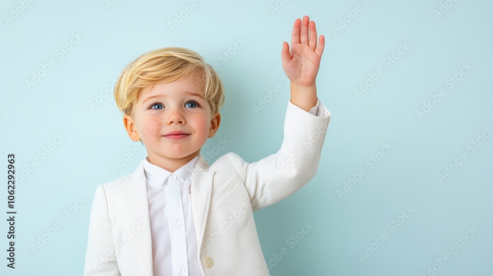 Child's raised hand gesture, studio portrait, white background, pastel palette Child's raised hand gesture, studio portrait, white background, pastel palette