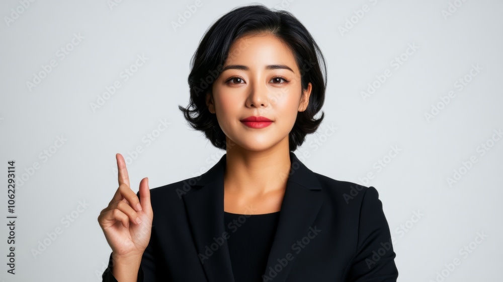 Confident Asian businesswoman poses with rejecting gesture; white background Palette: muted tones Confident Asian businesswoman poses with rejecting gesture; white background Palette: muted tones
