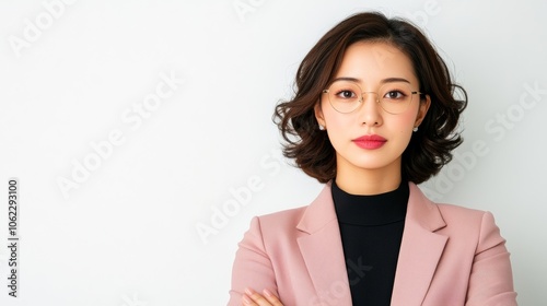 Confident Asian businesswoman poses with rejecting gesture; white background Palette: muted tones 