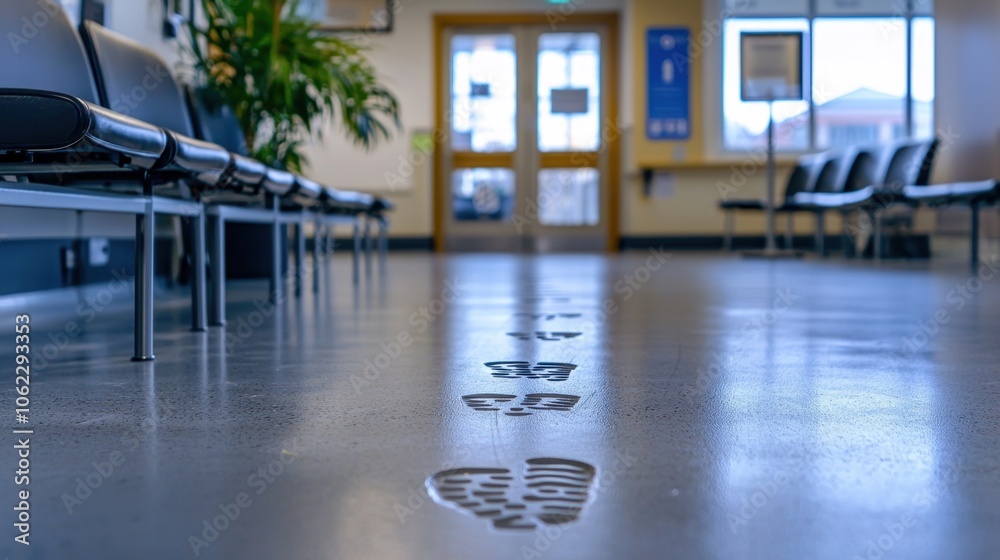 Social Distancing Floor Markers in Hospital Waiting Area Indicating Safe Distance, with Clear Footprint Icons and 'Stand Here' Instructions Social Distancing Floor Markers in Hospital Waiting Area Indicating Safe Distance, with Clear Footprint Icons and 'Stand Here' Instructions