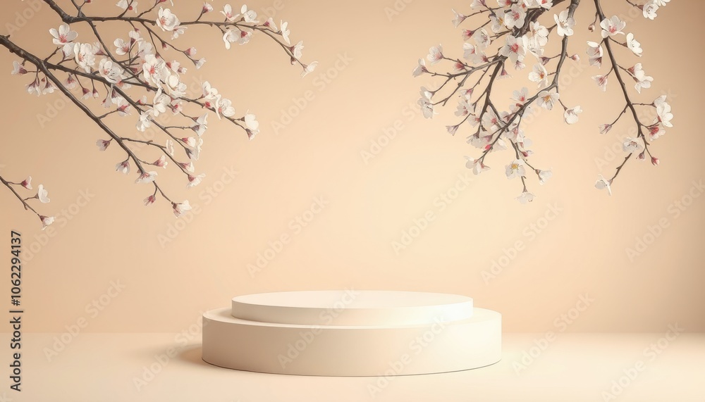 Product display podium with blossom flowers Product display podium with blossom flowers