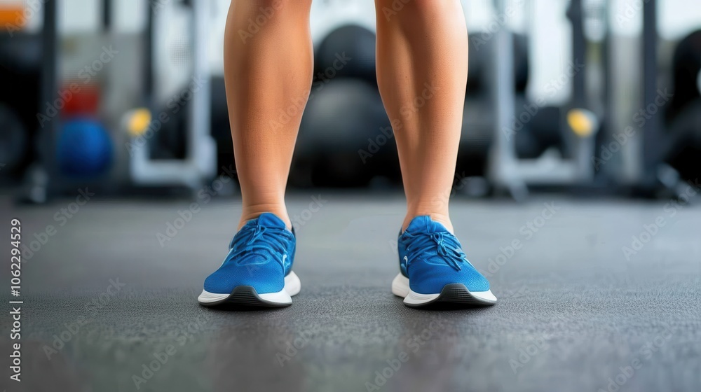 Close-up of a person wearing blue sneakers in a gym, symbolizing fitness, exercise, and active lifestyle.