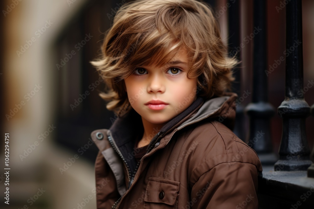 Portrait of a cute little boy in a brown coat on the street.