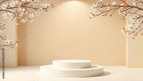 Product display podium with blossom flowers