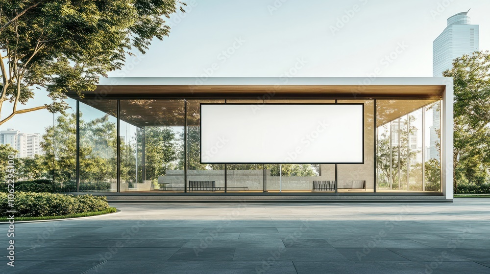Large horizontal outdoor billboard mockup on glass wall of a contemporary structure, providing space for advertising display in a public setting. Large horizontal outdoor billboard mockup on glass wall of a contemporary structure, providing space for advertising display in a public setting.