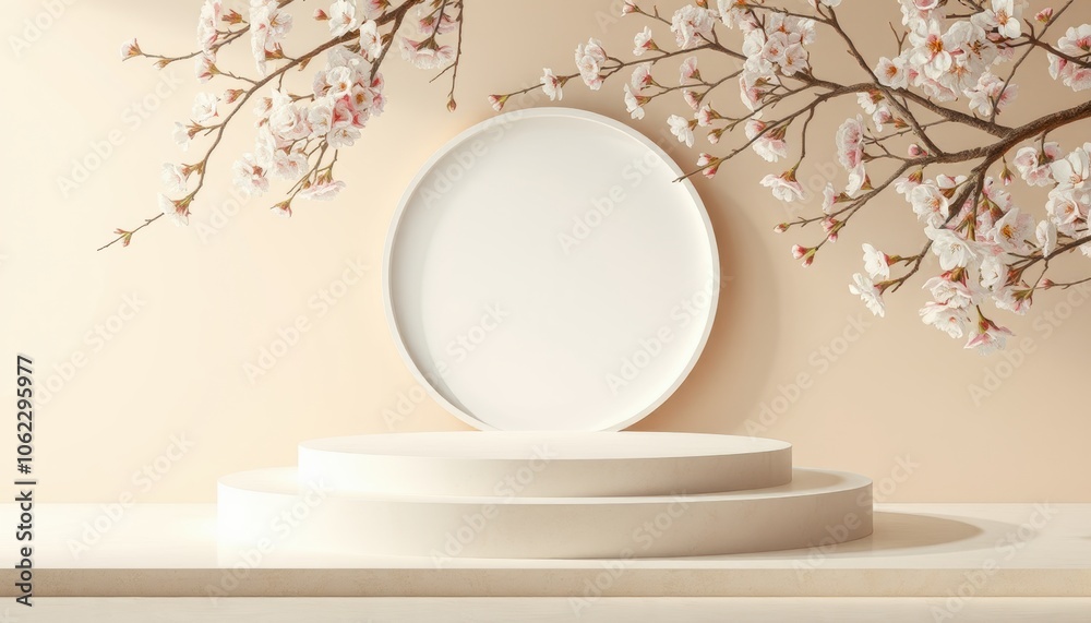 Product display podium with blossom flowers Product display podium with blossom flowers