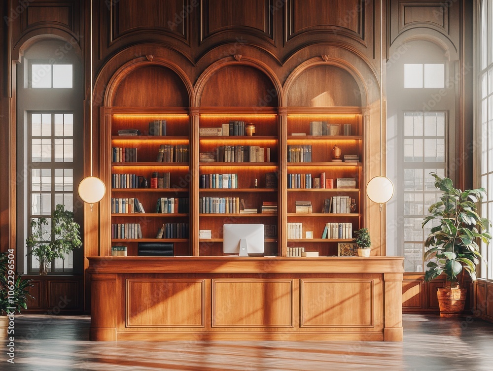 A well-lit office room with a wooden bookcase, computer on a desk, and plants, creating a cozy and professional atmosphere.