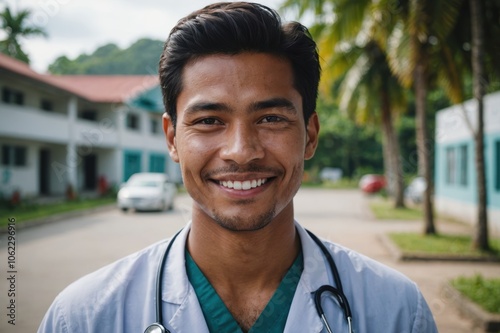 Close portrait of a smiling young Palauan man doctor looking at the camera, Palauan hospital blurred background photo