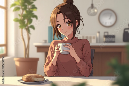 young woman working in her office anime style